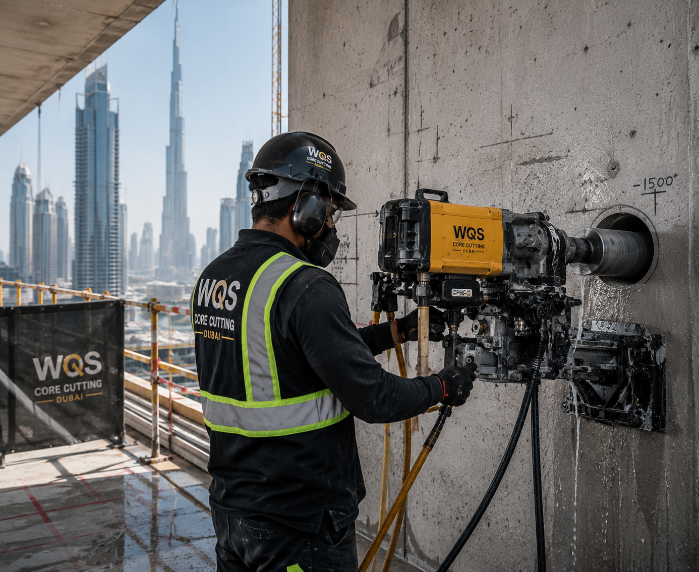 WQS Core cutting Construction worker at high-rise site in dubai